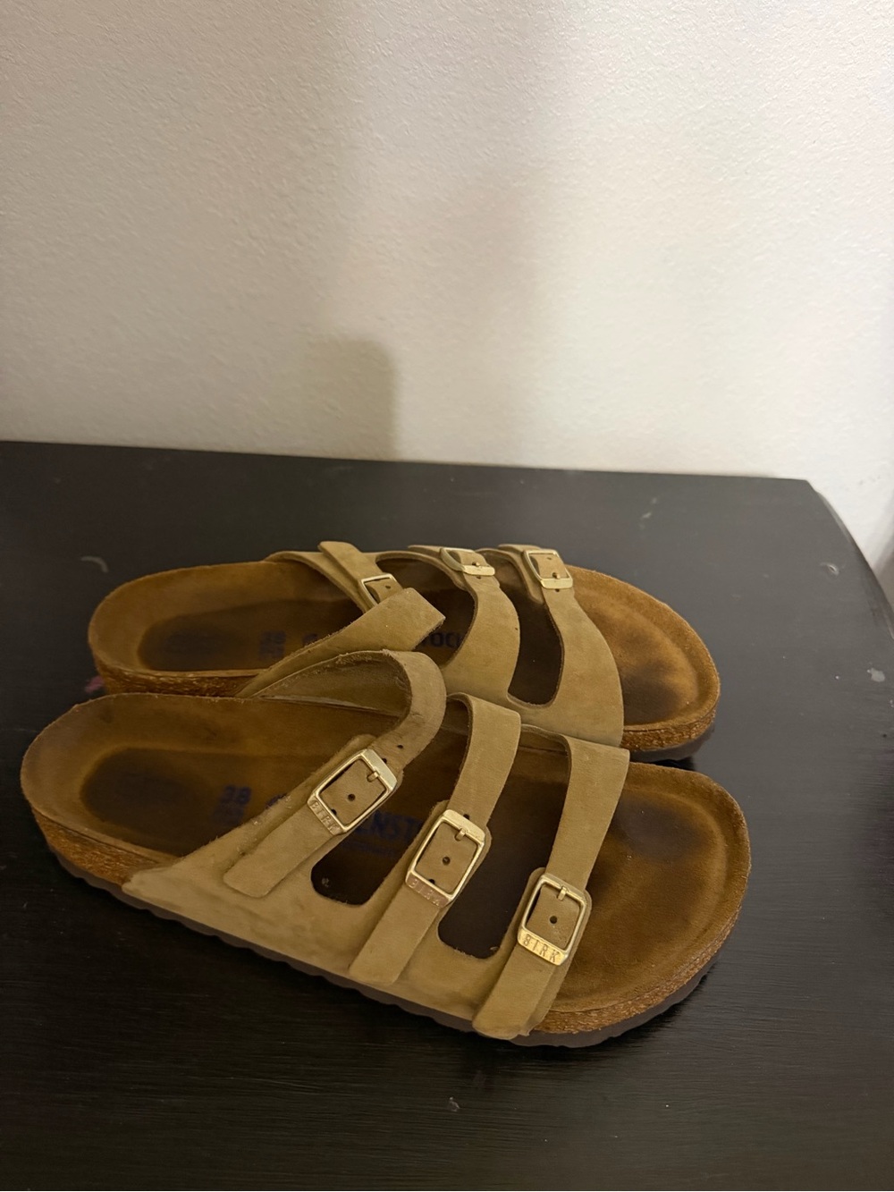 Birkenstock Three-Strap Suede Sandals in Tan